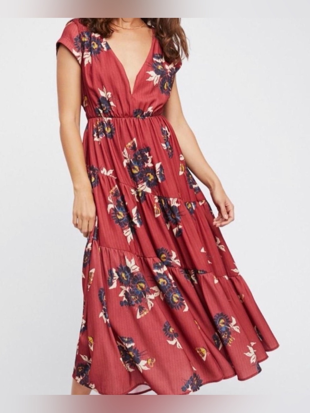 Free People Rust Red Floral V-Neck Tiered Midi Dress